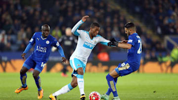 LEICESTER, ENGLAND - MARCH 14 : Riyad Mahrez of Leicester City in action with Georgina Wijnaldum of Newcastle during the Barclays Premier League match between Leicester City and Newcastle United at the King Power Stadium on March 14 , 2016 in Leicester, United Kingdom. (Photo by Plumb Images/Leicester City FC via Getty Images)