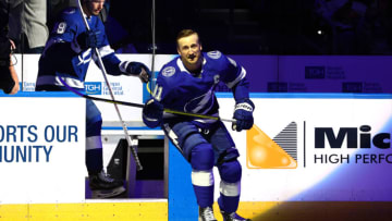 Jan 24, 2023; Tampa, Florida, USA; Tampa Bay Lightning center Steven Stamkos (91) skates out prior to the game against the Minnesota Wild at Amalie Arena. Mandatory Credit: Kim Klement-USA TODAY Sports