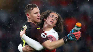 LONDON, ENGLAND - JANUARY 29: Matteo Guendouzi of Arsaenal and Bernd Leno celebrate during the Premier League match between Arsenal and Cardiff City at Emirates Stadium on January 29, 2019 in London, United Kingdom. (Photo by Dan Istitene/Getty Images)