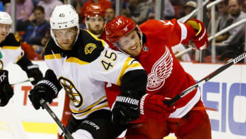 Sep 30, 2016; Detroit, MI, USA; Boston Bruins defenseman Joe Morrow (45) and Detroit Red Wings right wing Gustav Nyquist (14) battle for the puck in the third period during a preseason hockey game at Joe Louis Arena. Boston won 2-1 in overtime. Mandatory Credit: Rick Osentoski-USA TODAY Sports