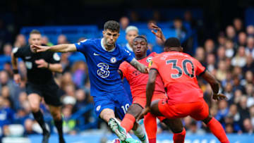LONDON, ENGLAND - APRIL 15: Christian Pulisic of Chelsea is tackled by Moises Caicedo of Brighton & Hove Albion during the Premier League match between Chelsea FC and Brighton & Hove Albion at Stamford Bridge on April 15, 2023 in London, United Kingdom. (Photo by Craig Mercer/MB Media/Getty Images)