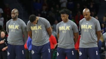 Jan 18, 2016; Auburn Hills, MI, USA; Members of the Detroit Pistons stand for the National Anthem prior to the start of the game against the Chicago Bulls at The Palace of Auburn Hills. Mandatory Credit: Leon Halip-USA TODAY Sports