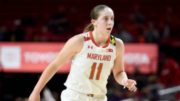 COLLEGE PARK, MD - DECEMBER 08: Taylor Mikesell #11 of the Maryland Terrapins defends against the James Madison Dukes at Xfinity Center on December 8, 2018 in College Park, Maryland. (Photo by G Fiume/Maryland Terrapins/Getty Images)