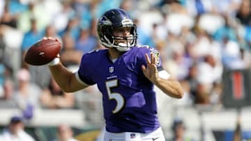 Sep 25, 2016; Jacksonville, FL, USA; Baltimore Ravens quarterback Joe Flacco (5) throws the ball in the second half against the Jacksonville Jaguars at EverBank Field.Baltimore Ravens won 19-17. Mandatory Credit: Logan Bowles-USA TODAY Sports
