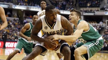 Nov 4, 2015; Indianapolis, IN, USA; Indiana Pacers guard Rodney Stuckey (2) is tied up by Boston Celtics guard R.J. Hunter (28) at Bankers Life Fieldhouse. Indiana defeats Boston 100-98. Mandatory Credit: Brian Spurlock-USA TODAY Sports