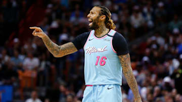 MIAMI, FLORIDA - JANUARY 24: James Johnson #16 of the Miami Heat reacts. (Photo by Michael Reaves/Getty Images)