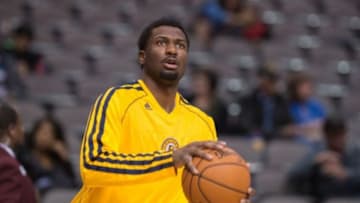 Oct 25, 2013; Dallas, TX, USA; Indiana Pacers small forward Solomon Hill (9) warms up before the game against the Dallas Mavericks at the American Airlines Center. The Pacers defeated the Mavericks 98-77. Mandatory Credit: Jerome Miron-USA TODAY Sports