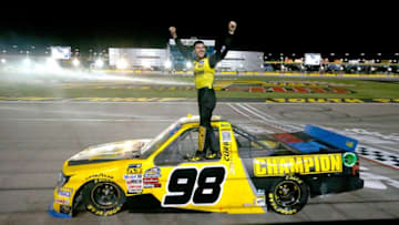 LAS VEGAS, NV - SEPTEMBER 14: Grant Enfinger, driver of the #98 Ford, celebrates winning the NASCAR Camping World Truck Series World of Westgate 200 at Las Vegas Motor Speedway on September 14, 2018 in Las Vegas, Nevada. (Photo by Jonathan Ferrey/Getty Images)