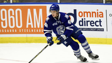 MISSISSAUGA, ON - JANUARY 18: Thomas Harley #48 of the Mississauga Steelheads turns up ice against the Flint Firebirds during OHL game action on January 18, 2019 at Paramount Fine Foods Centre in Mississauga, Ontario, Canada. (Photo by Graig Abel/Getty Images)