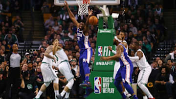 BOSTON, MA - JANUARY 18: Joel Embiid #21 of the Philadelphia 76ers reacts after being fouled during the first half against the Boston Celtics at TD Garden on January 18, 2018 in Boston, Massachusetts. (Photo by Tim Bradbury/Getty Images)