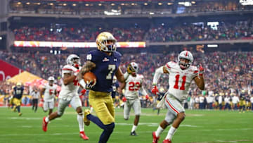 Jan 1, 2016; Glendale, AZ, USA; Notre Dame Fighting Irish wide receiver Will Fuller (7) runs for a touchdown against the Ohio State Buckeyes during the 2016 Fiesta Bowl at University of Phoenix Stadium. The Buckeyes defeated the Fighting Irish 44-28. Mandatory Credit: Mark J. Rebilas-USA TODAY Sports