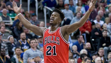 Nov 17, 2016; Salt Lake City, UT, USA; Chicago Bulls forward Jimmy Butler (21) reacts to hitting a three-point shot at the first-half buzzer against the Utah Jazz at Vivint Smart Home Arena. Mandatory Credit: Russ Isabella-USA TODAY Sports