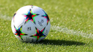 The Adidas UEFA Official Champions League match ball is seen during a Celtic Training Session ahead of their match against Real Madrid at Lennoxtown Training Centre on September 05, 2022 in Glasgow, Scotland. (Photo by Ian MacNicol/Getty Images)