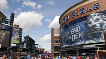 Oct 5, 2014; Detroit, MI, USA; A general view of Ford Field (right) and Comerica Park (left) before the game between the Detroit Lions and the Buffalo Bills at Ford Field. Mandatory Credit: Raj Mehta-USA TODAY Sports