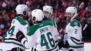 Nov 6, 2016; Chicago, IL, USA; Dallas Stars center Gemel Smith (46) celebrates with teammates after scoring a goal against the Chicago Blackhawks during the second period at United Center. Mandatory Credit: Mike DiNovo-USA TODAY Sports