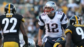 Oct 23, 2016; Pittsburgh, PA, USA; New England Patriots quarterback Tom Brady (12) calls a play against the Pittsburgh Steelers during the first half at Heinz Field. Mandatory Credit: Jason Bridge-USA TODAY Sports
