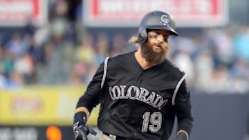 Jun 21, 2016; Bronx, NY, USA; Colorado Rockies center fielder Charlie Blackmon (19) rounds the bases on his solo home run to right during the fourth inning against the New York Yankees at Yankee Stadium. Mandatory Credit: Anthony Gruppuso-USA TODAY Sports