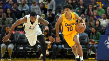 Los Angeles Lakers guard Max Christie (10) dribbles against Miami Heat forward Jamal Cain (54)(Darren Yamashita-USA TODAY Sports)