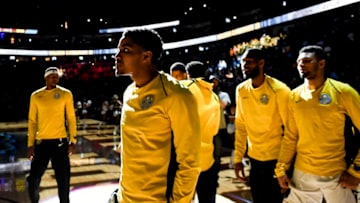 DENVER, CO - APRIL 9: Gary Harris (14) of the Denver Nuggets stands with teammates before the first half against the Portland Trail Blazers on Monday, April 9, 2018. (Photo by AAron Ontiveroz/The Denver Post via Getty Images)