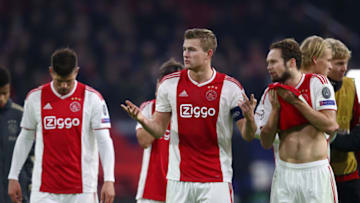 AMSTERDAM, NETHERLANDS - DECEMBER 12: Matthijs de Ligt and Daley Blind of Ajax react during the UEFA Champions League Group E match between Ajax and FC Bayern Muenchen at Johan Cruyff Arena on December 12, 2018 in Amsterdam, Netherlands. (Photo by Dean Mouhtaropoulos/Getty Images)