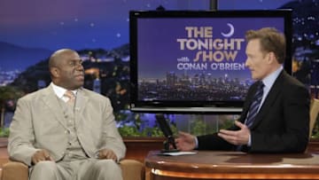 THE TONIGHT SHOW WITH CONAN O'BRIEN -- Air Date 11/04/2009 -- Episode 97 -- Pictured: (l-r) Former NBA basketball player Earvin 'Magic' Johnson during an interview with host Conan O'Brien on November 4, 2009 -- Photo by: Paul Drinkwater/NBCU Photo Bank