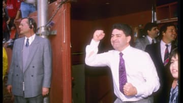 6 Jan 1990: San Francisco 49ers owner Eddie DeBartolo celebrates during a playoff game against the Minnesota Vikings at Candlestick Park in San Francisco, California. The 49ers won the game, 41-13. Mandatory Credit: Otto Greule /Allsport