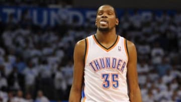 Apr 29, 2014; Oklahoma City, OK, USA; Oklahoma City Thunder forward Kevin Durant (35) reacts to a call in action against the Memphis Grizzlies during the fourth quarter in game five of the first round of the 2014 NBA Playoffs at Chesapeake Energy Arena. Mandatory Credit: Mark D. Smith-USA TODAY Sports