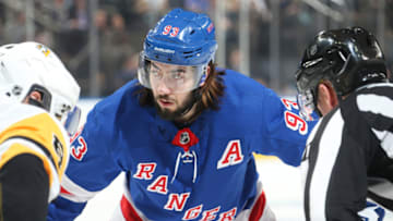 NEW YORK, NY - MARCH 25: Mika Zibanejad #93 of the New York Rangers skates against the Pittsburgh Penguins at Madison Square Garden on March 25, 2019 in New York City. The Pittsburgh Penguins won 5-2. (Photo by Jared Silber/NHLI via Getty Images)