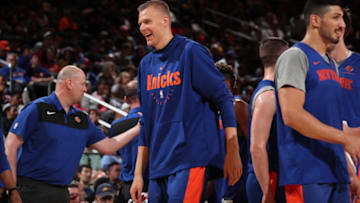NEW YORK, NY - SEPTEMBER 29: Kristaps Porzingis #6 of the New York Knicks looks on during their Open Practice on September 29, 2018 at Madison Square Garden in New York City, New York. NOTE TO USER: User expressly acknowledges and agrees that, by downloading and or using this photograph, User is consenting to the terms and conditions of the Getty Images License Agreement. Mandatory Copyright Notice: Copyright 2018 NBAE (Photo by Nathaniel S. Butler/NBAE via Getty Images)