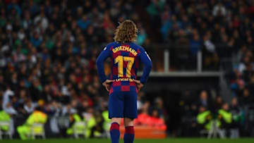 Barcelona's French forward Antoine Griezmann walks on the pitch during the Spanish League football match between Real Madrid and Barcelona at the Santiago Bernabeu stadium in Madrid on March 1, 2020. (Photo by GABRIEL BOUYS / AFP) (Photo by GABRIEL BOUYS/AFP via Getty Images)