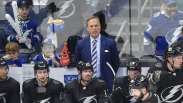 TAMPA, FL - MARCH 09: Tampa Bay Lightning Head Coach Jon Cooper during the first period of an NHL game between the Detroit Red Wings and the Tampa Bay Lightning on March 09, 2019 at Amalie Arena in Tampa, FL. (Photo by Roy K. Miller/Icon Sportswire via Getty Images)