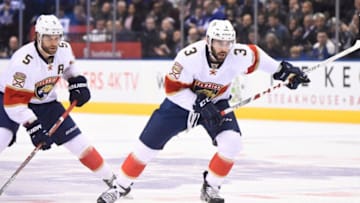 TORONTO, ON - NOVEMBER 17: Keith Yandle #3 and Aaron Ekblad #5 of the Florida Panthers play against the Toronto Maple Leafs during the first period at the Air Canada Centre on November 17, 2016 in Toronto, Ontario, Canada. (Photo by Graig Abel/NHLI via Getty Images)