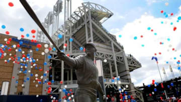 Apr 10, 2015; Cleveland, OH, USA; Balloons flood the sky over a statue of former Cleveland Indians player Jim Thome as the gates open for the home opener between the Cleveland Indians and the Detroit Tigers at Progressive Field. Mandatory Credit: Ken Blaze-USA TODAY Sports