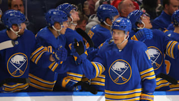 Sep 30, 2023; Buffalo, New York, USA; Buffalo Sabres defenseman Henri Jokiharju (10) celebrates his goal with teammates during the third period against the Columbus Blue Jackets at KeyBank Center. Mandatory Credit: Timothy T. Ludwig-USA TODAY Sports