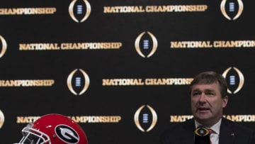ATLANTA, GA - JANUARY 07: University of Georgia head coach Kirby Smart talks during the College Football Playoff National Championship Coaches Press Conference on January 7, 2018 in Atlanta, Georgia. (Photo by Mike Zarrilli/Getty Images)