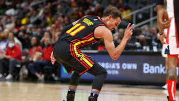 Nov 1, 2021; Atlanta, Georgia, USA; Atlanta Hawks guard Trae Young (11) celebrates after a made basket against the Washington Wizards in the second half at State Farm Arena. Mandatory Credit: Brett Davis-USA TODAY Sports
