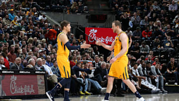SALT LAKE CITY, UT - DECEMBER 4: Kyle Korver #26 hi-fives Joe Ingles #2 of the Utah Jazz during the game against the San Antonio Spurs on December 4, 2018 at vivint.SmartHome Arena in Salt Lake City, Utah. Copyright 2018 NBAE (Photo by Melissa Majchrzak/NBAE via Getty Images)