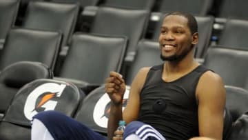 Nov 28, 2014; Oklahoma City, OK, USA; Oklahoma City Thunder forward Kevin Durant (35) prior to the game against the New York Knicks at Chesapeake Energy Arena. Mandatory Credit: Mark D. Smith-USA TODAY Sports