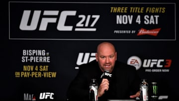 NEW YORK, NY - NOVEMBER 04: UFC President Dana White speaks to the media during the UFC 217 post fight press conference event inside Madison Square Garden on November 4, 2017 in New York City. (Photo by Jeff Bottari/Zuffa LLC/Zuffa LLC via Getty Images)