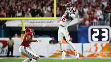 MIAMI, FL - DECEMBER 29: CeeDee Lamb #2 of the Oklahoma Sooners completes the catch in the third quarter during the College Football Playoff Semifinal against the Alabama Crimson Tide at the Capital One Orange Bowl at Hard Rock Stadium on December 29, 2018 in Miami, Florida. (Photo by Streeter Lecka/Getty Images)