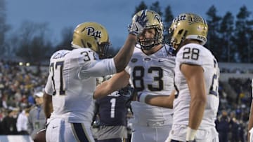 Dec 28, 2015; Annapolis, MD, USA; Pittsburgh Panthers running back Qadree Ollison (37) celebrates with teammates after scoring a touchdown during the third quarter against the Navy Midshipmen at Navy-Marine Corps. Stadium. Mandatory Credit: Tommy Gilligan-USA TODAY Sports