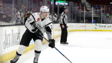 CLEVELAND, OH - APRIL 06: San Antonio Rampage right wing Klim Kostin (22) controls the puck during the third period of the American Hockey League game between the San Antonio Rampage and Cleveland Monsters on April 6, 2018, at Quicken Loans Arena in Cleveland, OH. Cleveland defeated San Antonio 6-3. (Photo by Frank Jansky/Icon Sportswire via Getty Images)