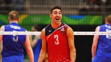 RIO DE JANEIRO, BRAZIL - AUGUST 21: Taylor Sander of United States reacts during the Men's Bronze Medal Match between United States and Russia on Day 16 of the Rio 2016 Olympic Games at Maracanazinho on August 21, 2016 in Rio de Janeiro, Brazil. (Photo by Tom Pennington/Getty Images)