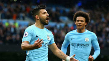 MANCHESTER, ENGLAND - OCTOBER 21: Sergio Aguero of Manchester City celebrates as he scores their first goal from the penalty spot with Leroy Sane of Manchester City during the Premier League match between Manchester City and Burnley at Etihad Stadium on October 21, 2017 in Manchester, England. (Photo by Alex Livesey/Getty Images)