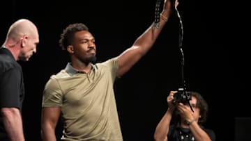 DALLAS, TX - MAY 12: Jon Jones holds a UFC championship belt during the UFC Summer Kickoff Press Conference at the American Airlines Center on May 12, 2017 in Dallas, Texas. (Photo by Cooper Neill/Zuffa LLC/Zuffa LLC via Getty Images)