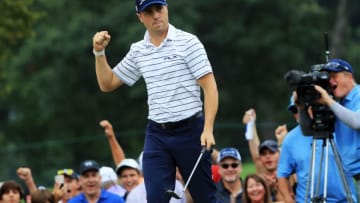 MEDINAH, ILLINOIS - AUGUST 17: Justin Thomas of the United States celebrates after chipping in on the 14th hole during the third round of the BMW Championship at Medinah Country Club No. 3 on August 17, 2019 in Medinah, Illinois. (Photo by Sam Greenwood/Getty Images)