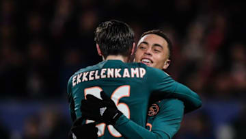 (L-R) Jurgen Ekkelenkamp of Ajax, Sergino Dest of Ajax during the Dutch Toto KNVB Cup second round match between SC Telstar and Ajax Amsterdam at Rabobank IJmond stadium on December 18, 2019 in Velsen-Zuid, The Netherlands(Photo by ANP Sport via Getty Images)