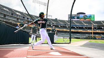 OAKLAND, CA - JUNE 15: The Oakland Athletics number one draft pick Kyler Murray #1 an outfielder out of the University of Oklahoma takes batting practice prior to the start of the game between the Los Angeles Angels of Anaheim and Oakland Athletics at the Oakland Alameda Coliseum on June 15, 2018 in Oakland, California. (Photo by Thearon W. Henderson/Getty Images)