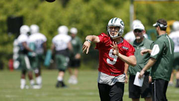 May 25, 2016; New York, NY, USA; New York Jets quarterback Bryce Petty (9) during OTA at Atlantic Health Training Center. Mandatory Credit: Noah K. Murray-USA TODAY Sports