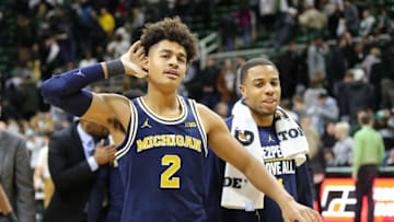 Jordan Poole #2 of the Michigan Wolverines celebrates after 82-72 win over the Michigan State Spartans at Breslin Center on January 13, 2018 in East Lansing, Michigan. (Photo by Rey Del Rio/Getty Images)